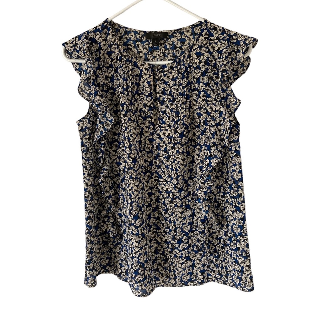 J. Crew Blouse Cascade Ruffle Top Blue Floral Womens Size 2 Sleeveless Shirt